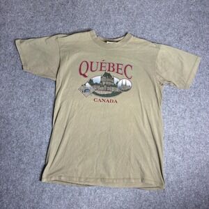 Vintage Quebec Canada Souvenir Graphic T-Shirt Mens Large Tan Cotton Made in CA